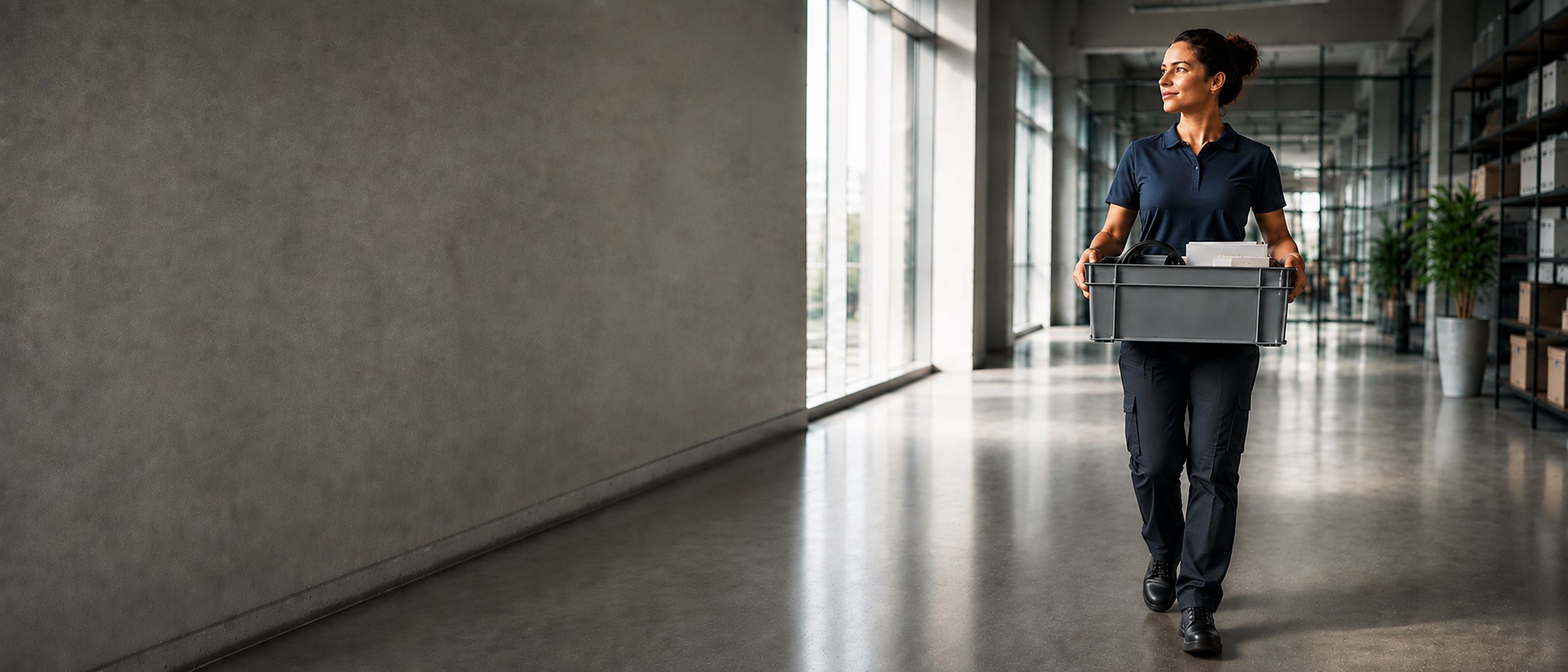 Salariée en tenue de travail portant une caisse à deux mains dans un couloir d'entreprise
